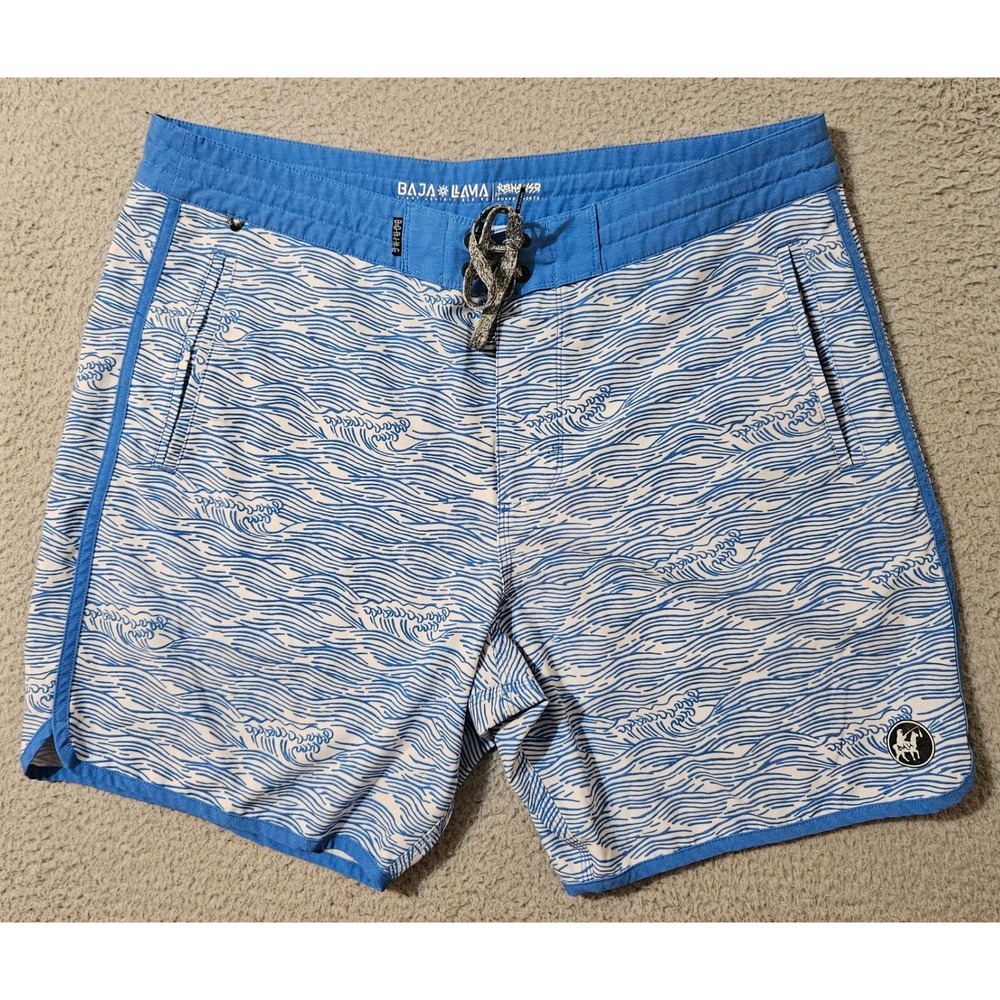 Baja Llama 17" Board Shorts Waves Blue floral Hawaiian Men's Size 36